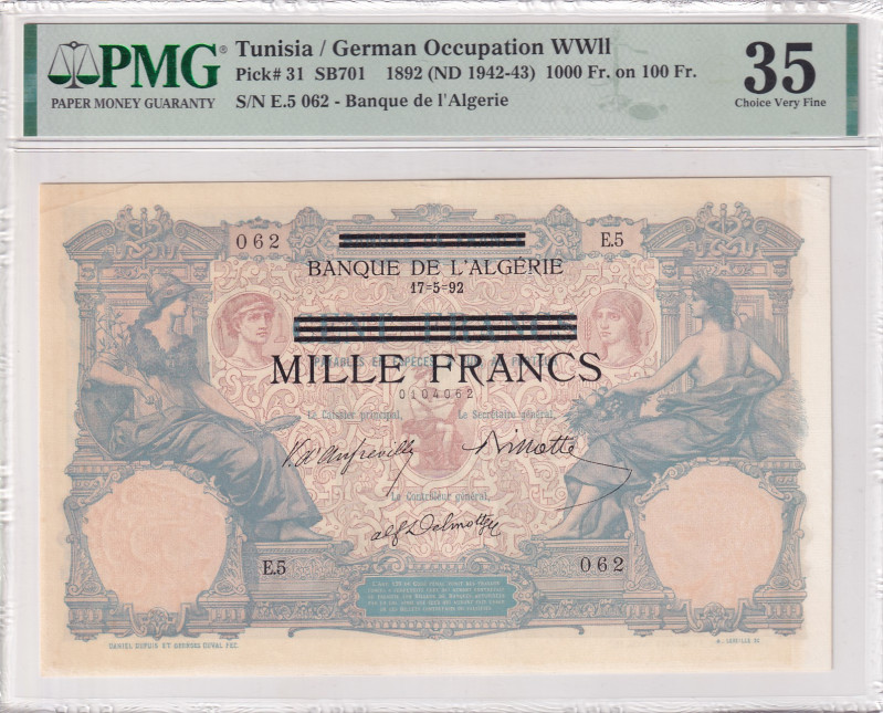 Tunisia, 1.000 Francs on 100 Francs, 1942/1943, UNC, p31
PMG 35, WWII, German O...