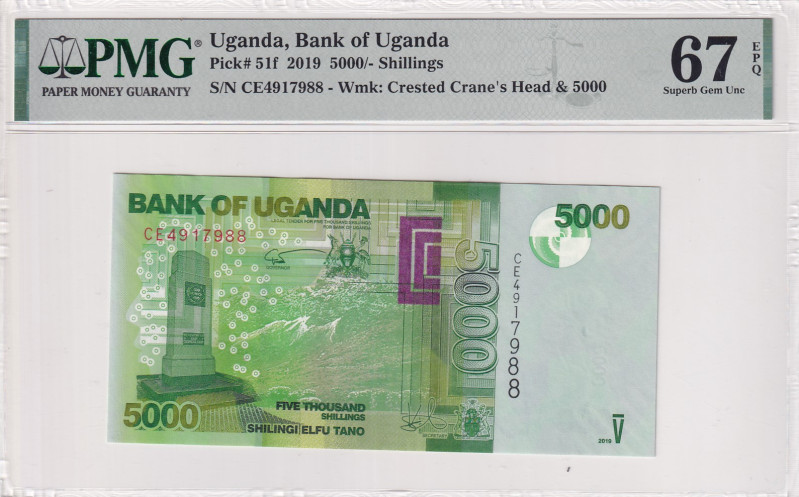 Uganda, 5.000 Shillings, 2019, UNC, p51f
PMG 67 EPQ, High condition 
Estimate:...