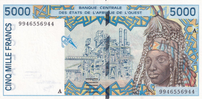 West African States, 5.000 Francs, 1999, UNC, p113Ai
"A'' Ivory Coast
Estimate...