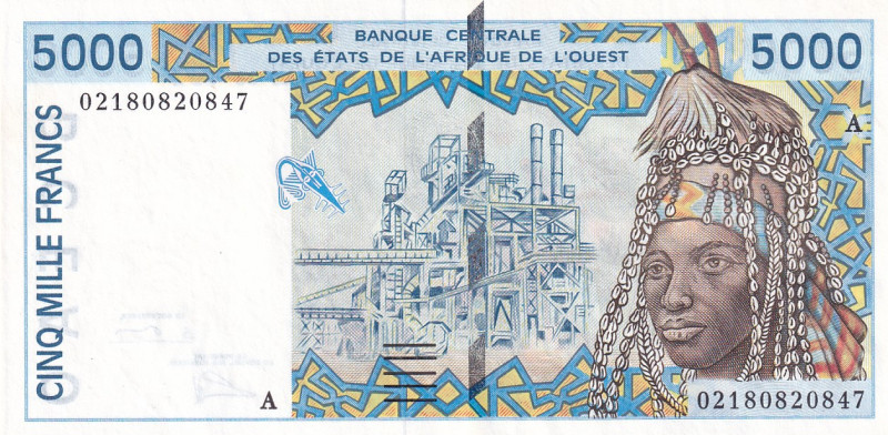 West African States, 5.000 Francs, 2002, UNC, p113Al
"A'' Ivory Coast, Waves
E...