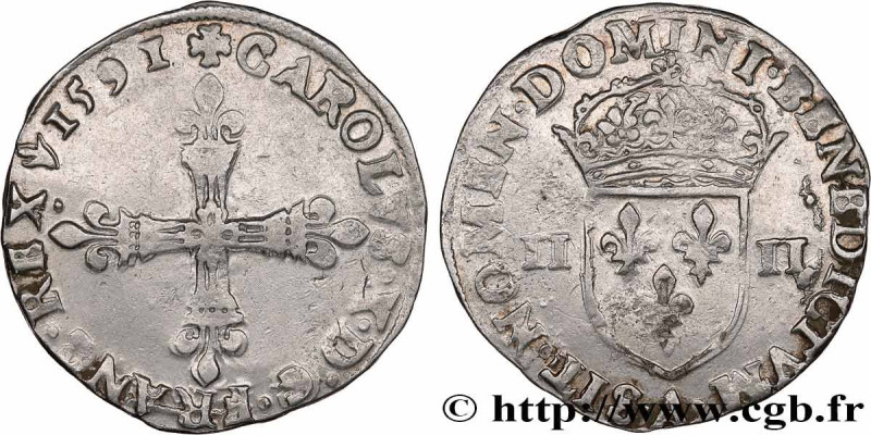 CHARLES X, CARDINAL OF BOURBON
Type : Quart d'écu, croix de face 
Date : 1591 
M...