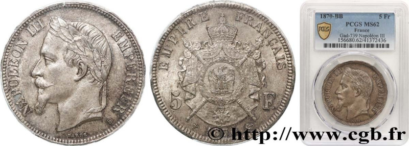 SECOND EMPIRE
Type : 5 francs Napoléon III, tête laurée 
Date : 1870 
Mint name ...