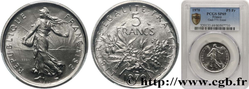 V REPUBLIC
Type : Essai de 5 francs Semeuse, nickel 
Date : 1970 
Mint name / To...