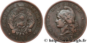 ARGENTINA
Type : 2 Centavos emblème / “Liberté” 
Date : 1887 
Quantity minted : 363000 
Metal : bronze 
Diameter : 30  mm
Orientation dies : 6  h.
Wei...