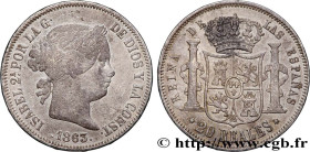 SPAIN - KINGDOM OF SPAIN - ISABELLA II
Type : 20 Reales 
Date : 1863 
Mint name / Town : Madrid 
Quantity minted : 520000 
Metal : silver 
Millesimal ...
