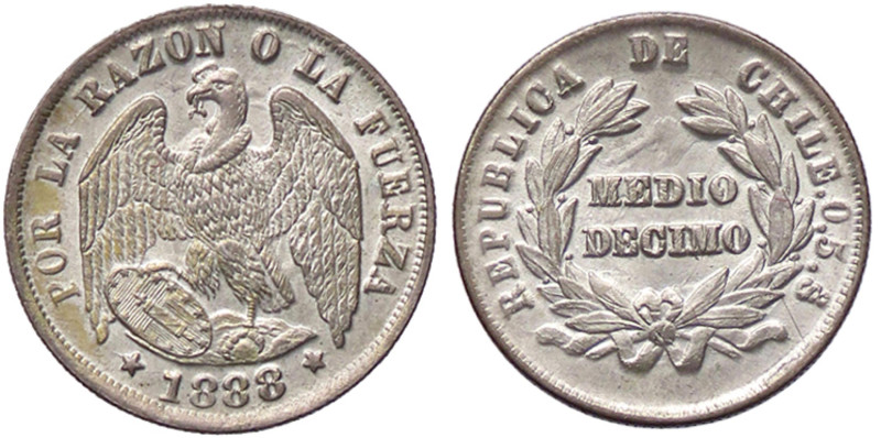 ESTERE - CILE - Repubblica - Mezzo decimo 1888 Kr. 137.3 AG
SPL+