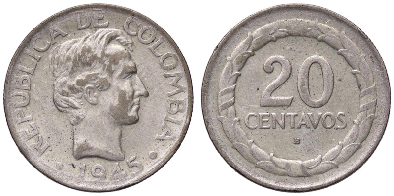 ESTERE - COLOMBIA - Repubblica - 20 Centavos 1945 Kr. 208.1 AG
BB+