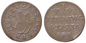 ESTERE - GERMANIA - ROSTOCK - CittÃ Libera - Pfennig 1793 FHB CU
bel BB