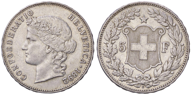 ESTERE - SVIZZERA - Confederazione - 5 Franchi 1892 Kr. 34 R AG Colpetto
BB+