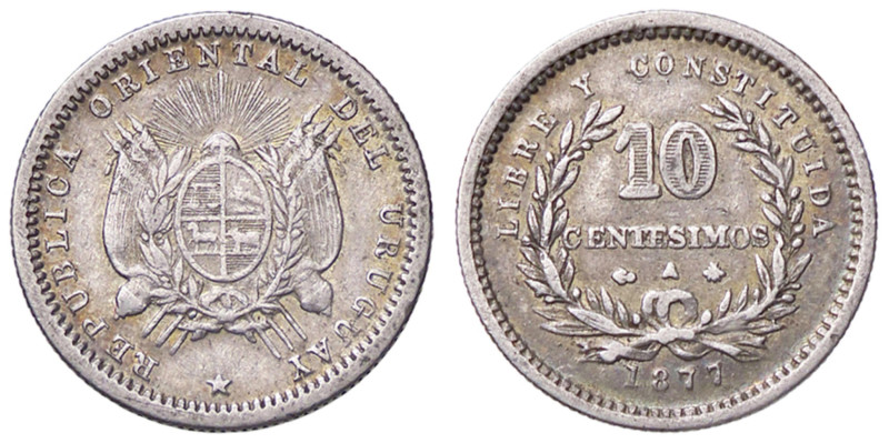 ESTERE - URUGUAY - Repubblica (1830) - 10 Centesimos 1877 Kr. 14 AG
qSPL