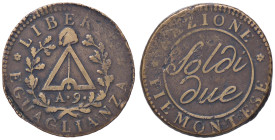 ZECCHE ITALIANE - TORINO - Repubblica Subalpina (1800-1802) - 2 Soldi A. 9 Pag. 7a; Mont. 12 R BR Contorno rigato obliquo
qBB