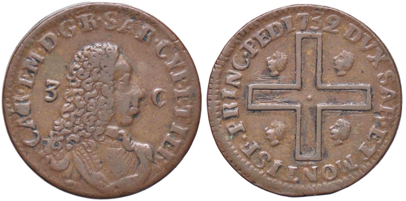 SAVOIA - Carlo Emanuele III (1730-1773) - 3 Cagliaresi 1732 Mont. 109 R CU Ex In...