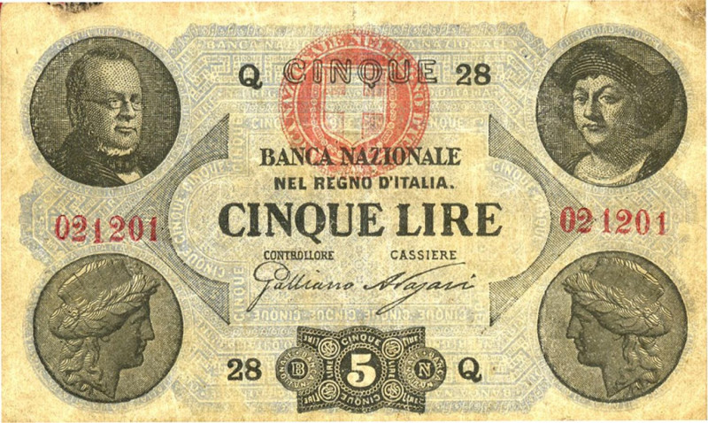 CARTAMONETA - SARDO-PIEMONTESE - Banca Nazionale nel Regno d'Italia - 5 Lire 15/...