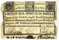 CARTAMONETA - STATO PONTIFICIO - Banco di S. Spirito di Roma (1786-1796) da 15 scudi Gav. 12 R Nastro adesivo cartaceo al R/
MB