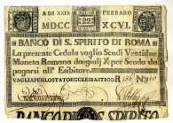 CARTAMONETA - STATO PONTIFICIO - Banco di S. Spirito di Roma (1786-1796) da 22 scudi Gav. 12 R
qBB