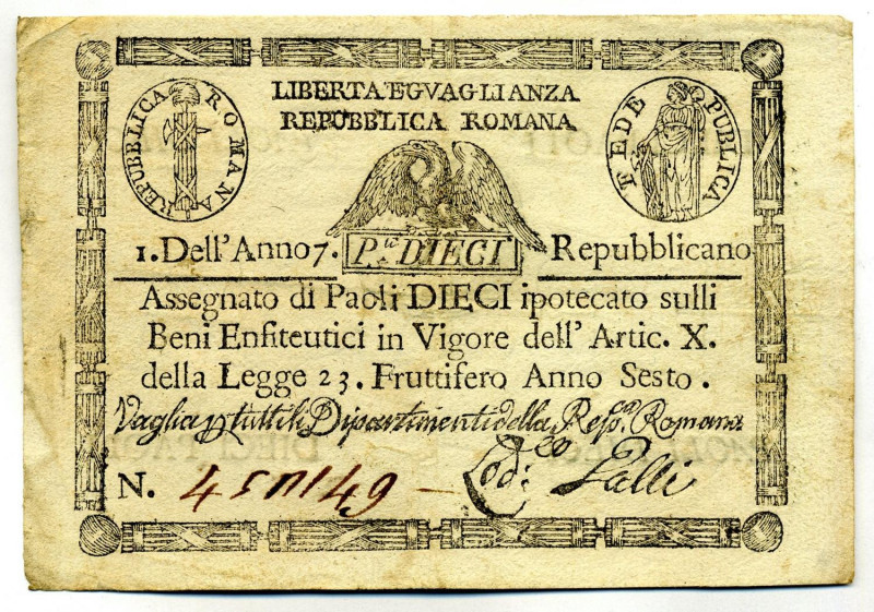 CARTAMONETA - STATO PONTIFICIO - Repubblica Romana Assegnati (1798) - 10 Paoli A...