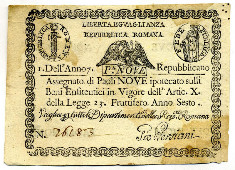 CARTAMONETA - STATO PONTIFICIO - Repubblica Romana Assegnati (1798) - 9 Paoli An...