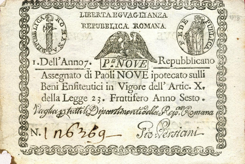 CARTAMONETA - STATO PONTIFICIO - Repubblica Romana Assegnati (1798) - 9 Paoli An...
