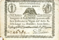 CARTAMONETA - STATO PONTIFICIO - Repubblica Romana Assegnati (1798) - 9 Paoli Anno 7 Gav. 67 Persiani (retro rettangolo) Angolo in basso a s. mancante...