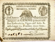 CARTAMONETA - STATO PONTIFICIO - Repubblica Romana Assegnati (1798) - 9 Paoli Anno 7 Gav. 67 Persiani (retro rettangolo)
BB