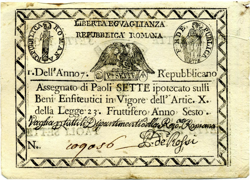 CARTAMONETA - STATO PONTIFICIO - Repubblica Romana Assegnati (1798) - 7 Paoli An...