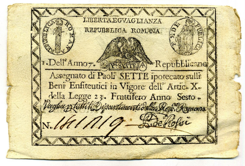 CARTAMONETA - STATO PONTIFICIO - Repubblica Romana Assegnati (1798) - 7 Paoli An...