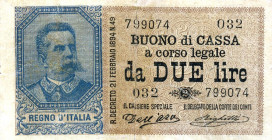 CARTAMONETA - BUONI DI CASSA - Umberto I (1878-1900) - 2 Lire 21/09/1894 - Serie 31-39 Alfa 22; Lireuro 6B RRRR Dell'Ara/Righetti Restauro centrale
m...