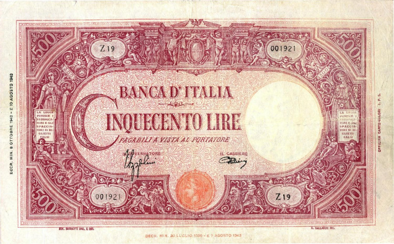 CARTAMONETA - BANCA d'ITALIA - Repubblica Sociale (1943-1945) - 500 Lire - Barbe...