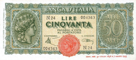 CARTAMONETA - BANCA d'ITALIA - Luogotenenza (1944-1946) - 50 Lire - Italia Turrita 10/12/1944 Alfa 265; Lireuro 13 Introna/Urbini
FDS