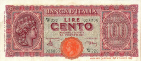 CARTAMONETA - BANCA d'ITALIA - Luogotenenza (1944-1946) - 100 Lire - Italia Turrita 10/12/1944 Alfa 5sp; Lireuro 25Ac RR Sostitutiva da W201 a W316
S...