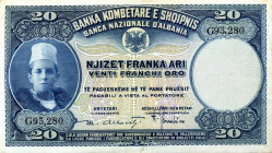 CARTAMONETA - COLONIE ED OCCUPAZIONI DI TERRITORI ITALIANI - Banca Nazionale d'Albania - Protettorato (1926) - 20 Franchi Oro 1926 Gav. 98 Alberti/Gam...