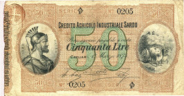 CARTAMONETA - BUONI AGRARI - Credito Agricolo Industriale Sardo - 50 Lire 01/03/1874 Gav. 43 Bao/Costa/Boy Pieghe e forellini
qBB