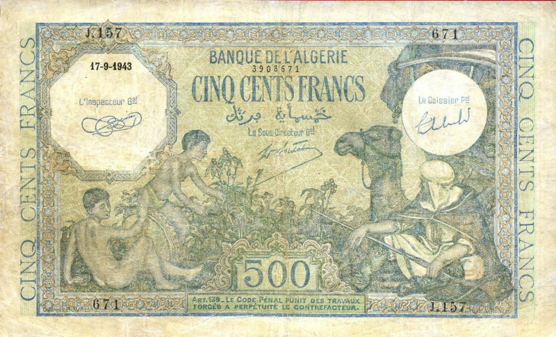 CARTAMONETA ESTERA - ALGERIA - Occupazione Francese (1839-1962) - 500 Franchi 17...