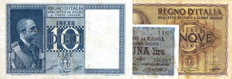 LOTTI - Cartamoneta-Italiana Lira 1914, 5 lire 1940, 10 lire 1944 - Lotto di 3 b...