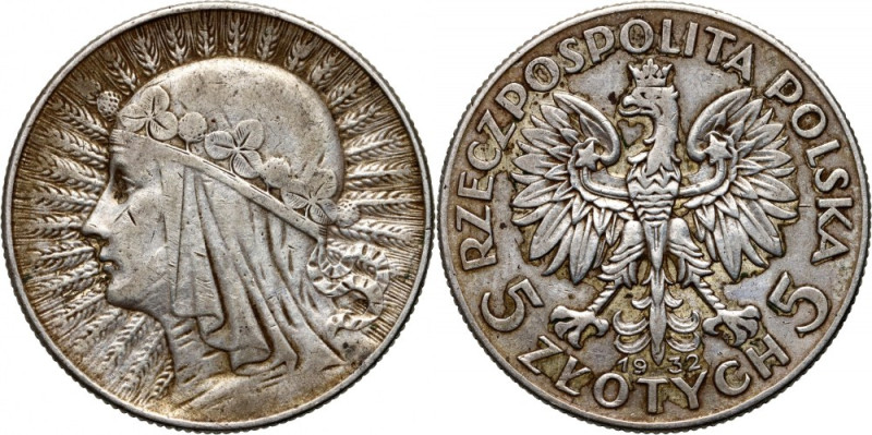 II RP, 5 złotych 1932 ze znakiem mennicy, Warszawa, Głowa kobiety Rzadkie. Miejs...