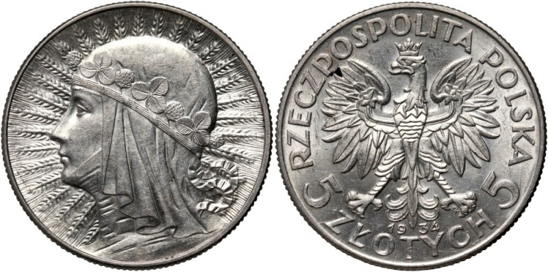 II RP, 5 złotych 1934, Warszawa, Głowa Kobiety Reference: Parchimowicz 116d
Gra...