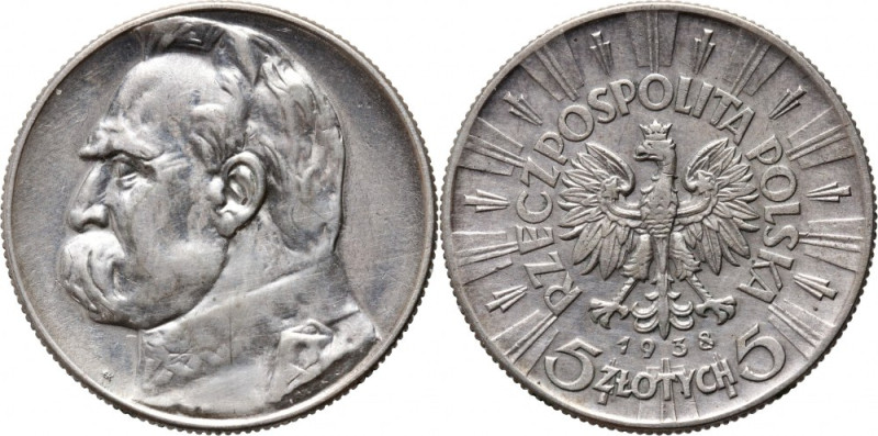 II RP, 5 złotych 1938, Warszawa, Józef Piłsudski Rzadszy rocznik. Lekko przepole...