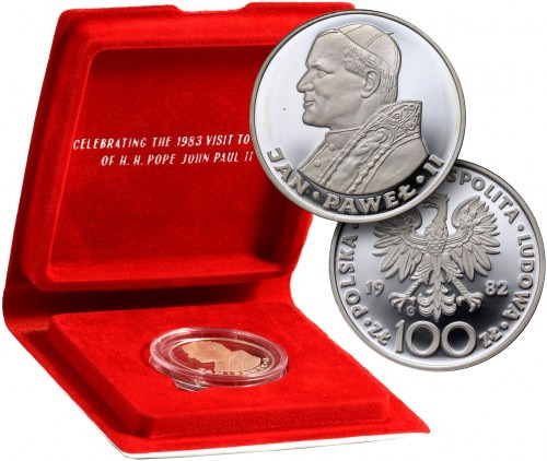 PRL, 100 złotych 1982, VALCAMBI, Jan Paweł II, stempel lustrzany Nakład 3750 szt...