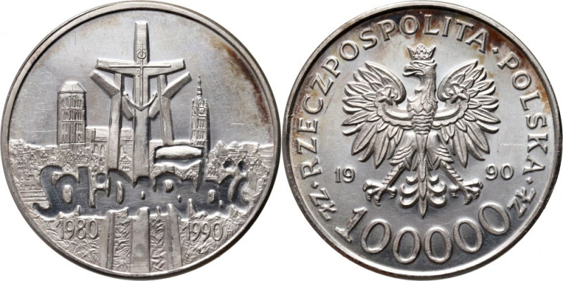 III RP, 100000 złotych 1990, Solidarność, Typ A Tło wpadające w lustro (efekt pr...