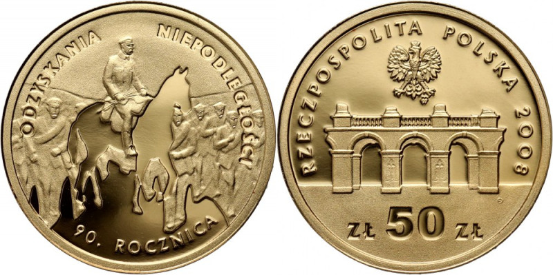 III RP, 50 złotych 2008, 90. Rocznica Odzyskania Niepodległości Złoto 3,10 g. Na...