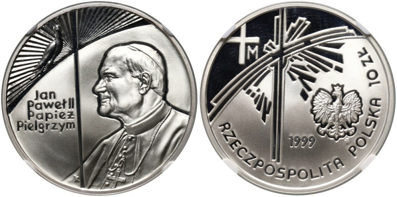 III RP, 10 złotych 1999, Jan Paweł II - Papież Pielgrzym Najwyższa nota w gradin...