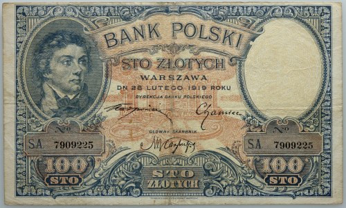 II RP, 100 złotych 28.02.1919, seria S.A. Numer 7909225. Liczne złamania. Refere...