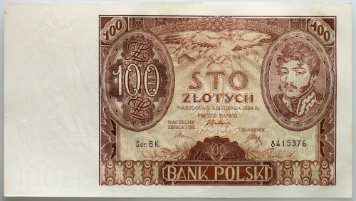 II RP, 100 złotych 9.11.1934, seria BK Numer 8415376. Papier naturalnie pofalowa...