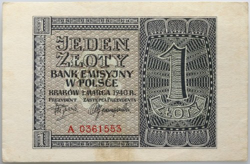 Generalna Gubernia, 1 złoty 1.03.1940, seria A Numer 0361553. Plama na dolnym ma...