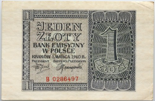 Generalna Gubernia, 1 złoty 1.03.1940, seria B Numer 0286497. Złamany górny, ora...