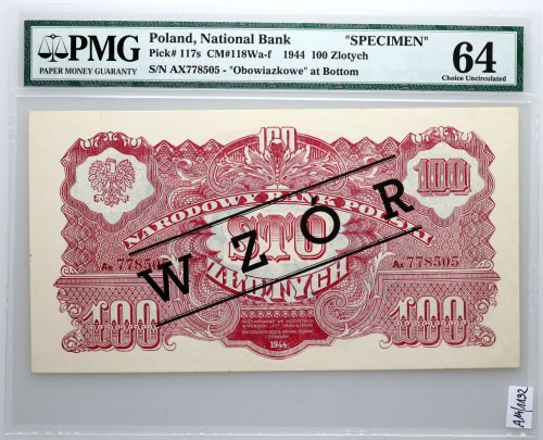 PRL, 100 złotych 1944 'obowiązkowe', wzór, seria AX Numer 778505. Wzór stworzony...