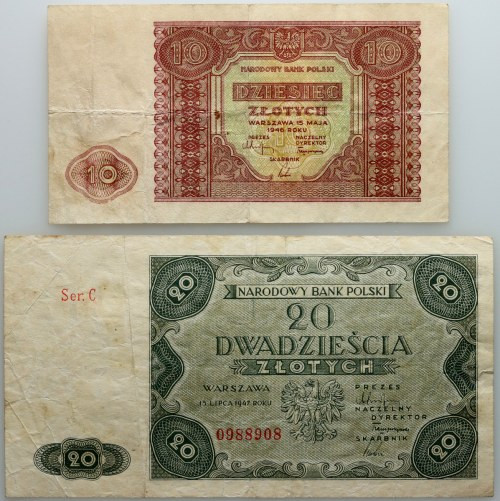 PRL, zestaw 10 złotych 15.05.1946; 20 złotych 15.07.1947, seria C 20 złotych num...