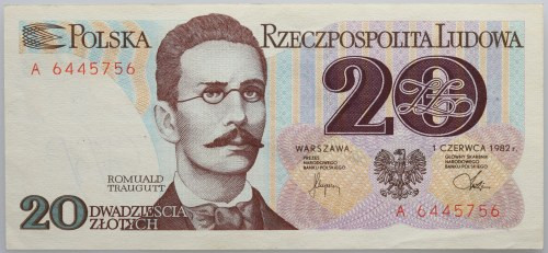 PRL, 20 złotych 1.06.1982, seria A Numer 6445756. Ugięcie papieru na dolnym marg...