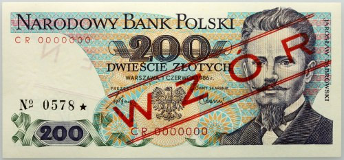 PRL, 200 złotych 1.06.1986, WZÓR, No. 0578, seria CR Numer 0000000. 
Reference:...