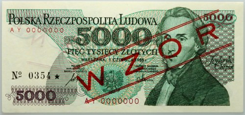 PRL, 5000 złotych 1.06.1986, WZÓR, No. 0354, seria AY Numer 0000000. Delikatnie ...